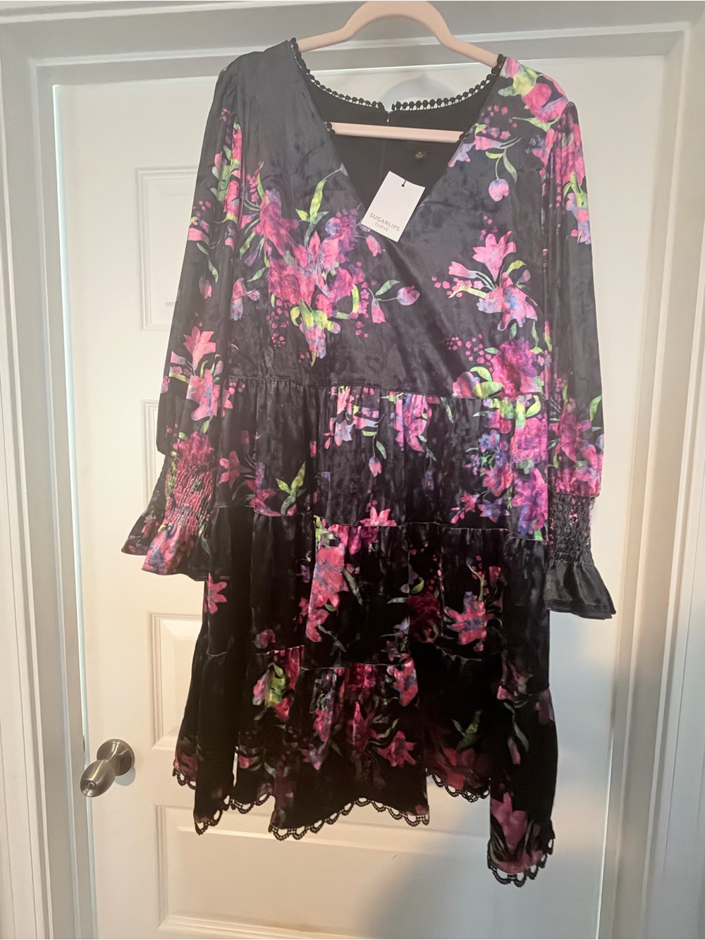 Navy Blue Velvet Floral Tiered Dress Pink & Green Blooms.  knee length